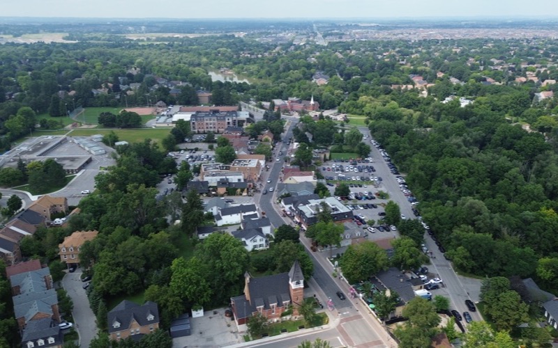 Aerial view of Main Street Unionville in Markham with tree-lined streets