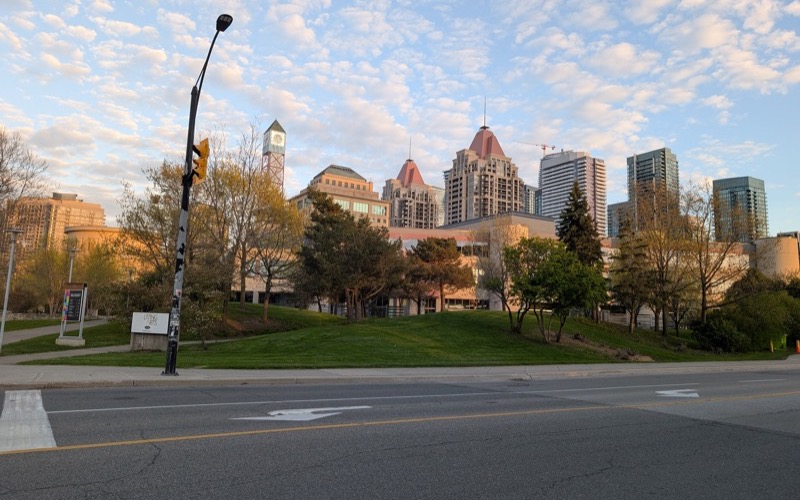 Living Arts Centre and high-rise buildings around Mississauga City Centre in the evening