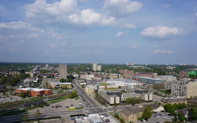 Aerial view of Uptown Waterloo with low and mid-rise buildings and tree cover
